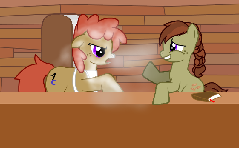 Size: 817x507 | Tagged: safe, derpibooru import, oc, oc:sugar spice, oc:sweet dreams, unofficial characters only, earth pony, apron, book, bookmark, clothes, desk, door, earth pony oc, flour, g4, image, png