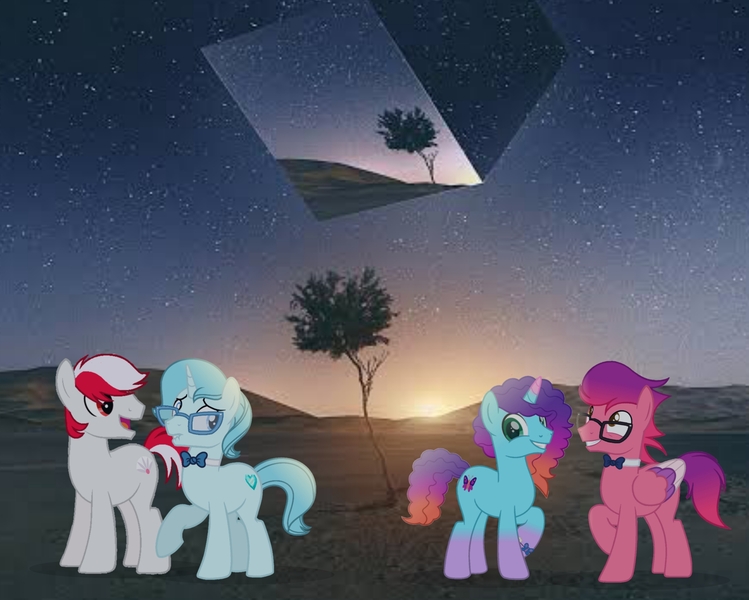 Size: 3600x2885 | Tagged: safe, artist:ramixe dash, derpibooru import, oc, oc:ice crystal (g5), earth pony, pegasus, pony, unicorn, series:make your tale, g5, album cover, cube, dew daybreak, glasses, image, jpeg, male, misty brightdawn, rebirth misty, ruby jubilee, stagelight (g5), stallion, tree, vessels, vessels 2.0