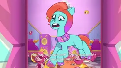 Size: 3072x1727 | Tagged: safe, derpibooru import, screencap, rocky riff, earth pony, pegasus, pony, g5, my little pony: tell your tale, spoiler:g5, spoiler:my little pony: tell your tale, spoiler:tyts02e04, balloon, disco ball, duo, duo male and female, female, image, jazz hearts rocky, jazz hooves, jpeg, male, mane melody (location), mare, open mouth, open smile, running, smiling, solo focus, stallion