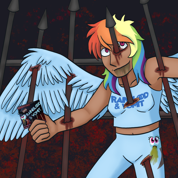 Size: 2048x2048 | Tagged: grimdark, artist:theedgyduck, derpibooru import, part of a set, rainbow dash, human, album, album cover, blood, clothes, fence, humanized, image, pants, pinkamena party, png, rainblood and vomit, rainbow dash impales herself on a wrought iron fence, short shirt, tan skin, vomit, winged humanization, wings, yoga pants