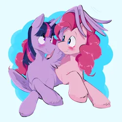 Size: 2048x2051 | Tagged: safe, artist:ponypierced, derpibooru import, pinkie pie, twilight sparkle, earth pony, pony, blushing, crossed hooves, cuddling, female, head pat, image, lesbian, light blue background, looking at each other, looking at someone, lying down, mare, pat, png, prone, ship:twinkie, shipping, simple background, smiling, smiling at each other, wing hands, wing hold, wings