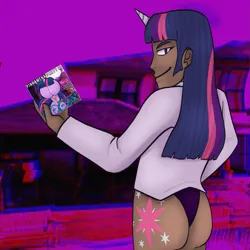 Size: 2049x2048 | Tagged: suggestive, artist:theedgyduck, derpibooru import, twilight sparkle, human, academy of booty, album, album cover, ass, blackwashing, butt, clothes, cutie mark on human, dark skin, horn, horned humanization, humanized, image, looking at you, looking back, pantless, pinkamena party, png, shirt, the academy of booty, underwear