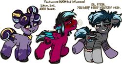 Size: 3697x1934 | Tagged: safe, artist:sexygoatgod, derpibooru import, oc, oc:faerie nougat, oc:razzmatazz gleam, oc:walpurgie night, unofficial characters only, changepony, hybrid, pegasus, pony, unicorn, zony, changeling hybrid, female, filly, foal, image, pegabat, png, trio, unshorn fetlocks