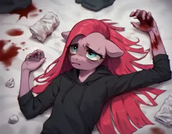 Size: 1152x896 | Tagged: semi-grimdark, ai content, derpibooru import, machine learning generated, prompter:kopaleo, stable diffusion, pinkie pie, anthro, blood, g4, generator:pony diffusion v6 xl, image, pinkamena diane pie, png, prompt in description, scar, self harm, self harm scars, solo