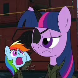 Size: 900x900 | Tagged: safe, artist:unitxxvii, derpibooru import, rainbow dash, twilight sparkle, pegasus, pony, unicorn, bust, clothes, dialogue, eye scar, eyepatch, facial scar, fake horn, female, frown, image, mare, metal gear solid 5, open mouth, png, salute, scar, unicorn twilight, uniform