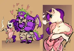 Size: 2323x1586 | Tagged: suggestive, artist:roach cumsock, derpibooru import, rarity, spike, anthro, dragon, plantigrade anthro, pony, unguligrade anthro, unicorn, adult, adult spike, beauty mark, blushing, bracelet, breasts, chains, cigarette, cigarette holder, cleavage, clothes, duo, duo male and female, fangs, female, floating heart, g4, hand on hip, heart, horn, image, infatuation, lidded eyes, looking at you, male, mare, milf, muscles, muscular male, off shoulder, older, older rarity, older spike, open mouth, open smile, pants, png, ripped pants, robe, shipping, smiling, smoke, smoking, sparity, spiked wristband, spread wings, straight, tail, torn clothes, wings, wristband