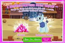 Size: 1957x1300 | Tagged: safe, derpibooru import, idw, official, earth pony, pony, advertisement, clothes, costs real money, english, facial hair, g4, gameloft, gem, glasses, idw showified, image, jpeg, male, mobile game, moustache, my little pony: magic princess, numbers, postmaster buckeye, sale, shirt, solo, stallion, text