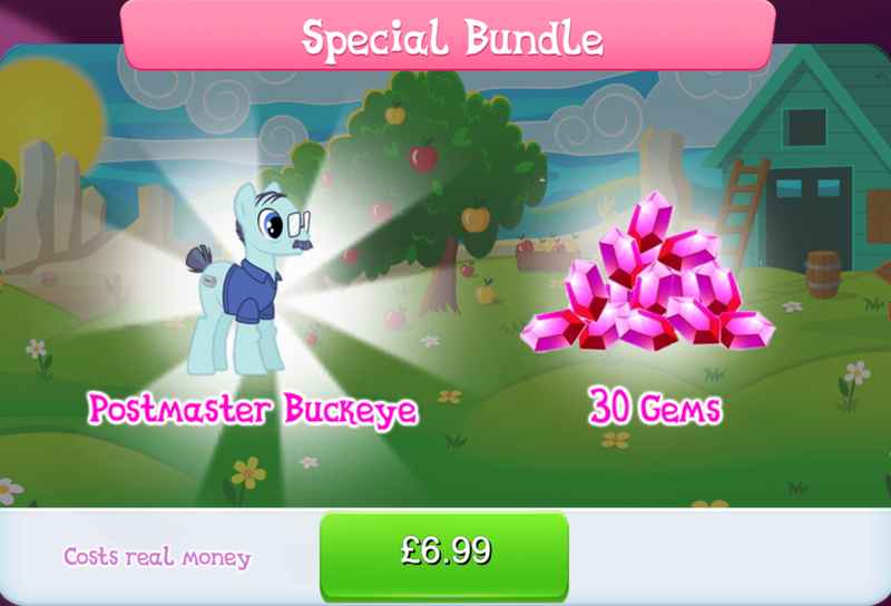 Size: 1264x860 | Tagged: safe, derpibooru import, idw, official, earth pony, pony, bundle, clothes, costs real money, english, facial hair, g4, gameloft, gem, glasses, idw showified, image, jpeg, male, mobile game, moustache, my little pony: magic princess, numbers, postmaster buckeye, sale, shirt, solo, stallion, text
