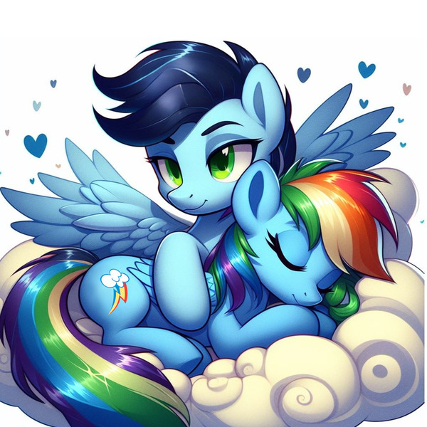 Size: 1024x1024 | Tagged: safe, ai content, derpibooru import, machine learning generated, prompter:*rainbow dash*, rainbow dash, soarin', cloud, embrace, female, g4, generator:bing image creator, image, jpeg, male, on a cloud, shipping, simple background, sleeping, sleeping on a cloud, soarindash, spread wings, straight, white background, wings