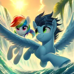 Size: 1024x1024 | Tagged: safe, ai content, derpibooru import, machine learning generated, prompter:*rainbow dash*, rainbow dash, soarin', cloud, female, flying, g4, generator:bing image creator, image, jpeg, male, shipping, soarindash, spread wings, straight, sun, water, waterfall, wings