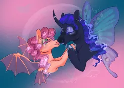 Size: 1709x1218 | Tagged: safe, artist:alabasterpeony, derpibooru import, fluttershy, princess luna, alicorn, bat pony, pony, alternate hairstyle, bat ponified, big breasts, boop, breasts, butterfly wings, curved horn, duo, duo female, eyes closed, eyeshadow, female, flutterbat, g4, holding hooves, horn, image, lesbian, makeup, mare, noseboop, png, race swap, ship:lunashy, shipping, wings