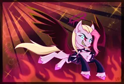 Size: 3840x2600 | Tagged: safe, alternate version, artist:lina, derpibooru import, angel wings, oc, oc:svidetell, unofficial characters only, angel, choker, clothes, crossover, fallen angel, fire, halo, hazbin hotel, hell, helluva boss, image, jacket, looking at you, png, red eyes, sharp teeth, smiling, smiling at you, spikes, teeth