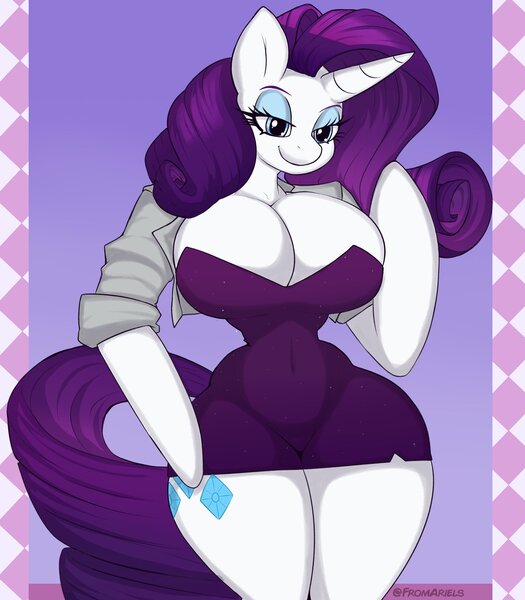 Size: 1792x2048 | Tagged: questionable, artist:fromariels, derpibooru import, rarity, anthro, unicorn, arm hooves, big breasts, breasts, busty rarity, clothes, dress, female, g4, huge breasts, image, jpeg, signature, simple background, solo, solo female, vest, wasp waist