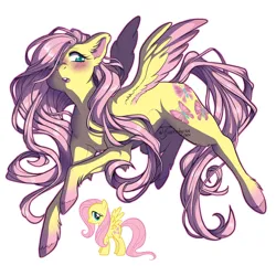 Size: 1280x1280 | Tagged: safe, artist:blackinkyrose, derpibooru import, fluttershy, pegasus, pony, blushing, colored hooves, colored wings, colored wingtips, female, g4, hair over one eye, hoof fluff, image, mare, png, simple background, solo, spread wings, white background, wings