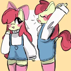 Size: 2048x2048 | Tagged: safe, artist:pinkcupkakes, derpibooru import, apple bloom, anthro, earth pony, blushing, clothes, image, long sleeved shirt, long sleeves, long socks, one eye closed, open mouth, overalls, png, shirt, simple background, solo, wink, yawn