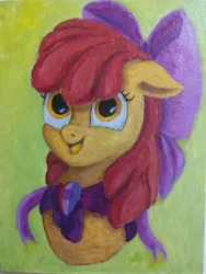 Size: 3096x4128 | Tagged: safe, artist:maslivka, derpibooru import, apple bloom, earth pony, pony, bust, female, filly, foal, green background, image, jpeg, oil painting, open mouth, portrait, simple background, solo, traditional art