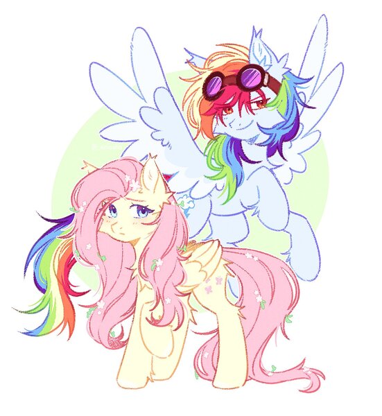 Size: 1444x1572 | Tagged: safe, artist:_simosha, derpibooru import, fluttershy, rainbow dash, pegasus, pony, duo, female, goggles, image, jpeg, looking at you, simple background, spread wings, wings