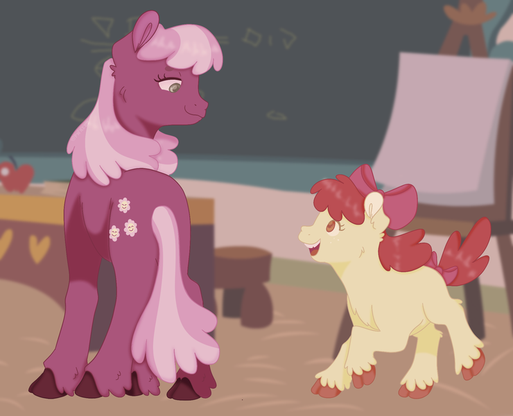 Size: 2048x1660 | Tagged: safe, artist:pwneez, derpibooru import, apple bloom, cheerilee, earth pony, pony, apple, bow, chair, chalkboard, chest fluff, classroom, cloven hooves, desk, februpony, female, filly, foal, food, image, looking at each other, mare, open mouth, png, unshorn fetlocks