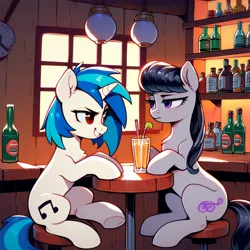 Size: 2048x2048 | Tagged: safe, ai content, derpibooru import, machine learning generated, stable diffusion, octavia melody, vinyl scratch, earth pony, pony, unicorn, alcohol, bar, bar stool, bottle, chest fluff, drink, drinking glass, drinking straw, duo, duo female, ear fluff, female, g4, generator:pony diffusion v6 xl, glass, grin, high res, hooves on the table, image, indoors, lamp, looking at each other, looking at someone, mare, missing accessory, no glasses, octavia is not amused, png, prompter:tyto4tme4l, red eyes, sitting, smiling, table, unamused, underhoof, window, wood