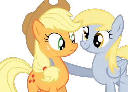 Size: 4200x3000 | Tagged: safe, alternate version, artist:iamaveryrealperson, derpibooru import, edit, vector edit, applejack, derpy hooves, ponified, earth pony, pegasus, pony, 2022, confused, duo, duo female, female, folded wings, frown, g4, hoof around neck, image, looking at each other, looking at someone, looking at something, mare, meme, png, simple background, smiling, transparent background, vector, wings