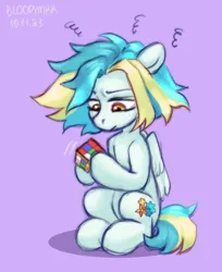 Size: 2283x2796 | Tagged: safe, artist:bloodymrr, derpibooru import, oc, pegasus, pony, amber eyes, concentrating, emotions, image, messy hair, png, purple background, puzzle, rubik's cube, simple background, sitting, solo, thinking, yellow eyes