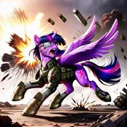 Size: 1024x1024 | Tagged: safe, ai content, anonymous prompter, derpibooru import, machine learning generated, stable diffusion, twilight sparkle, twilight sparkle (alicorn), alicorn, pony, armor, badass, blood, bomb, debris, desert, explosion, eyepatch, female, fight, g4, generator:pony diffusion v6 xl, image, injured, mare, military, png, running, scar, smoke, solo, solo female, spread wings, war, weapon, wings, yelling