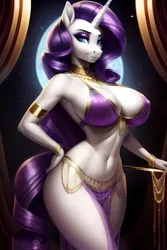 Size: 2048x3072 | Tagged: suggestive, ai content, derpibooru import, machine learning generated, rarity, anthro, unicorn, belly, belly button, belly dancer, belly dancer outfit, big breasts, bracelet, breasts, busty rarity, cleavage, clothes, curtains, curvy, eyeshadow, gold, hourglass figure, image, jewelry, looking at you, makeup, missing cutie mark, moon, necklace, png, see-through, slender, smiling, smiling at you, solo, stupid sexy rarity, thin, transparent