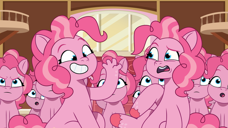 Size: 2400x1350 | Tagged: safe, artist:prixy05, derpibooru import, pinkie pie, earth pony, pony, g5, my little pony: tell your tale, too many pinkie pies, clone, female, g4, g4 to g5, generation leap, hand, image, mare, pinkie clone, png, scene interpretation