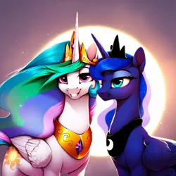 Size: 1024x1024 | Tagged: safe, ai content, derpibooru import, machine learning generated, prompter:maresforever, stable diffusion, princess celestia, princess luna, alicorn, pony, duo, female, g4, generator:purplesmart.ai, image, jewelry, mare, peytral, png, regalia, smiling, tiara