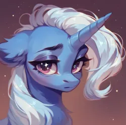 Size: 923x917 | Tagged: safe, ai content, derpibooru import, machine learning assisted, machine learning generated, stable diffusion, trixie, pony, unicorn, beautiful, big eyes, blushing, cute, ear fluff, eyeshadow, fluffy, g4, generator:purplesmart.ai, image, long mane, makeup, pink eyes, png, prompter:saltyvity, sad, sad eyes, sad face, simple background, solo, sparkles, starry eyes, white hair, wingding eyes
