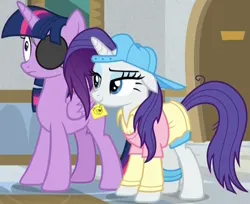 Size: 940x768 | Tagged: safe, derpibooru import, screencap, rarity, twilight sparkle, twilight sparkle (alicorn), alicorn, pony, unicorn, friendship university, season 8, spoiler:s08, alternate hairstyle, clothes, cropped, disguise, duo, duo female, eyebrows, eyepatch, eyepatch (disguise), female, frown, g4, hat, image, mare, paper-thin disguise, plainity, png, raised eyebrow, smiling, solid sparkle