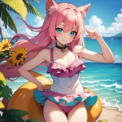 Size: 2048x2048 | Tagged: suggestive, ai content, derpibooru import, machine learning generated, fluttershy, human, alternate hairstyle, animal ears, anime style, beach, choker, clothes, g4, generator:seaart.ai, image, looking at you, ocean, png, smiling, smiling at you, solo, swimsuit, tricolor swimsuit, water