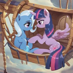 Size: 1024x1024 | Tagged: safe, ai content, derpibooru import, machine learning generated, prompter:dreaming dusk, stable diffusion, trixie, twilight sparkle, twilight sparkle (alicorn), alicorn, unicorn, cloud, duo, duo female, female, ferris wheel, generator:pony diffusion v6 xl, generator:purplesmart.ai, image, lesbian, looking at each other, looking at someone, png, ship:twixie, shipping, sky, smiling, spread wings, wings
