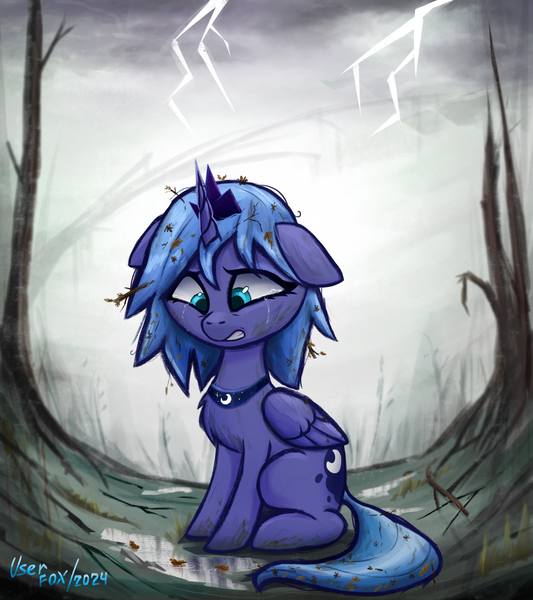 Size: 2202x2480 | Tagged: safe, artist:user-fox, derpibooru import, princess luna, alicorn, pony, chest fluff, cloud, cloudy, crying, female, foal, forest, g4, image, nature, png, sadness, solo, thunderstorm, tree
