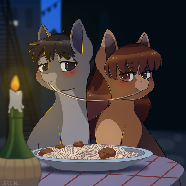 Size: 2000x2000 | Tagged: safe, artist:erein, derpibooru import, oc, ponified, unofficial characters only, earth pony, pony, advertisement, blushing, candle, commission, crossover, date, duo, ears up, food, high res, image, jpeg, lady and the tramp, night, oc x oc, outdoors, pasta, plate, romantic, scene interpretation, shipping, smiling, spaghetti, table, ych example, your character here