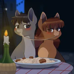 Size: 2000x2000 | Tagged: safe, artist:erein, derpibooru import, oc, ponified, unofficial characters only, earth pony, pony, advertisement, blushing, candle, commission, crossover, date, duo, ears up, food, high res, image, jpeg, lady and the tramp, night, oc x oc, outdoors, pasta, plate, romantic, scene interpretation, shipping, smiling, spaghetti, table, ych example, your character here