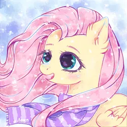 Size: 2000x2000 | Tagged: safe, artist:fawn13fawn, derpibooru import, fluttershy, pegasus, pony, bust, clothes, commission, cute, female, g4, image, mare, open mouth, open smile, png, scarf, shyabetes, smiling, snow, snowfall, solo, wind, windswept mane, your character here