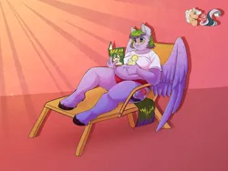 Size: 2048x1536 | Tagged: safe, artist:unfinishedheckery, derpibooru import, oc, oc:whirly waves, anthro, pegasus, anthro oc, beach chair, belly, belly button, bikini, chair, chubby, clothes, cutie mark, drink, image, juice, lemonade, pegasus oc, png, reading, relaxing, shirt, swimsuit, t-shirt, wings