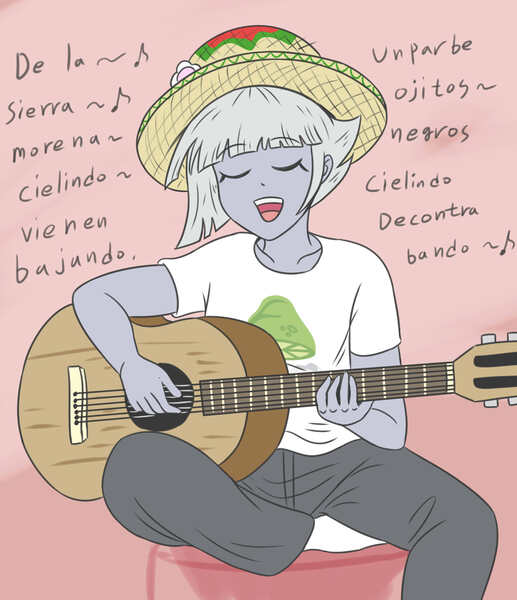 Size: 2460x2854 | Tagged: safe, artist:sumin6301, derpibooru import, limestone pie, human, equestria girls, 2d, bangs, clothes, dialogue, eyes closed, female, g4, guitar, image, jpeg, musical instrument, open mouth, pants, pink background, shirt, short sleeves, simple background, singing, sitting, smiling, socks, spanish, stool, t-shirt