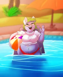 Size: 4320x5280 | Tagged: safe, artist:unfinishedheckery, derpibooru import, oc, oc:whirly waves, anthro, pegasus, anthro oc, beach ball, belly, belly button, bikini, chubby, clothes, glasses, happy, image, jpeg, pegasus oc, shirt, swimming pool, swimsuit, t-shirt, water, waving, waving at you, wings