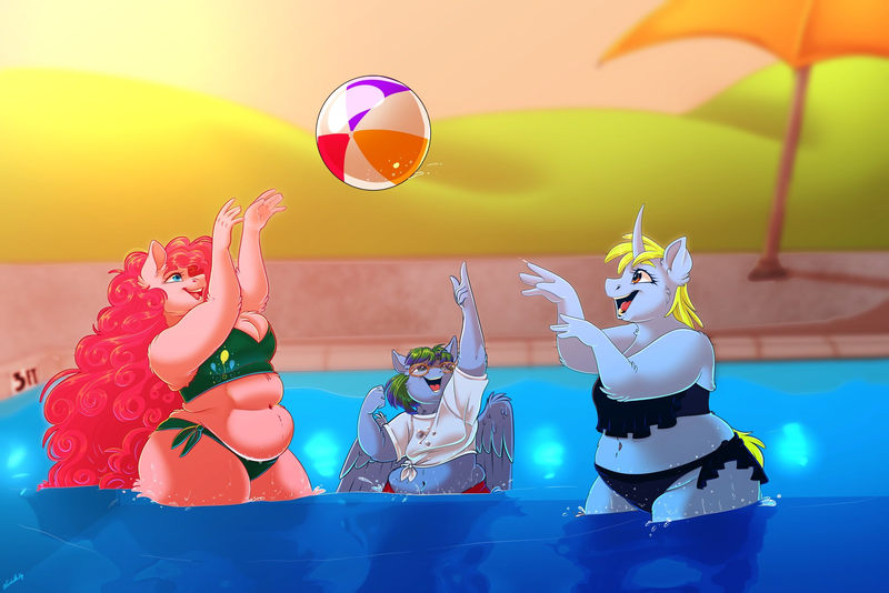 Size: 2048x1366 | Tagged: safe, artist:unfinishedheckery, derpibooru import, pinkie pie, whoa nelly, oc, oc:whirly waves, anthro, earth pony, pegasus, unicorn, anthro oc, bbw, beach ball, belly, belly button, bikini, chubby, clothes, fat, glasses, happy, image, pegasus oc, png, pudgy pie, splashing, summer, swimming pool, swimsuit, wings