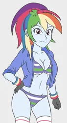 Size: 1120x2048 | Tagged: suggestive, artist:sumin6301, derpibooru import, rainbow dash, human, equestria girls, 2d, bangs, belly button, breasts, busty rainbow dash, cleavage, clothes, female, g4, gloves, gray background, hand on hip, image, jacket, jpeg, looking at you, midriff, panties, pockets, simple background, smiling, smiling at you, socks, solo, striped bra, striped panties, striped underwear, thigh highs, thigh socks, underwear, wrist cuffs
