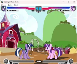 Size: 642x532 | Tagged: safe, artist:fimroots, derpibooru import, starlight glimmer, twilight sparkle, twilight sparkle (alicorn), alicorn, fighting is magic, concept art, fan game, g4, game screencap, image, palette swap, png, recolor, skin, sweet apple acres