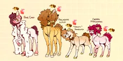 Size: 1264x632 | Tagged: safe, artist:kinda-lost, derpibooru import, oc, oc:arcadian wild, oc:cherry marzipan, oc:hammy sandwich, oc:rosè gold, earth pony, pony, bowtie, colt, feather boa, female, filly, foal, hair over eyes, image, male, mare, offspring, parent:cheese sandwich, parent:pinkie pie, parents:cheesepie, png, siblings, stallion