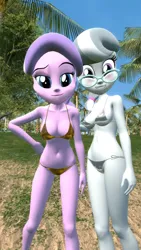 Size: 1080x1920 | Tagged: suggestive, artist:oatmeal!, derpibooru import, diamond tiara, silver spoon, human, equestria girls, 3d, beach, belly button, bikini, breasts, clothes, eyebrows, gmod, hand on hip, image, leaning forward, looking at you, palm tree, png, raised eyebrow, spreading, standing, swimsuit, tree, tropical, wide eyes
