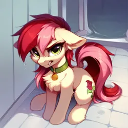 Size: 1024x1024 | Tagged: safe, ai content, derpibooru import, machine learning generated, prompter:doom9454, stable diffusion, roseluck, pony, angry, behaving like a cat, collar, cute, fangs, floppy ears, fluffy, generator:pony diffusion v6 xl, generator:purplesmart.ai, image, pet tag, png, pony pet, rosepet, sitting, water, wet, wet mane