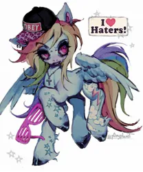 Size: 1706x2048 | Tagged: safe, artist:p0nyplanet, derpibooru import, rainbow dash, pegasus, pony, 2010s, baseball cap, blushing, cap, clothes, coat markings, ear piercing, earring, female, g4, glasses, glasses off, hat, image, jewelry, jpeg, mare, necklace, piercing, raised hoof, simple background, smiling, solo, spread wings, stars, text, unshorn fetlocks, white background, wings