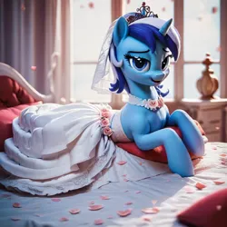 Size: 1024x1024 | Tagged: safe, ai content, derpibooru import, machine learning generated, prompter:airus, stable diffusion, minuette, bed, clothes, dress, generator:pony diffusion v6 xl, image, lora: photo style, png, rose petals, veil, wedding dress