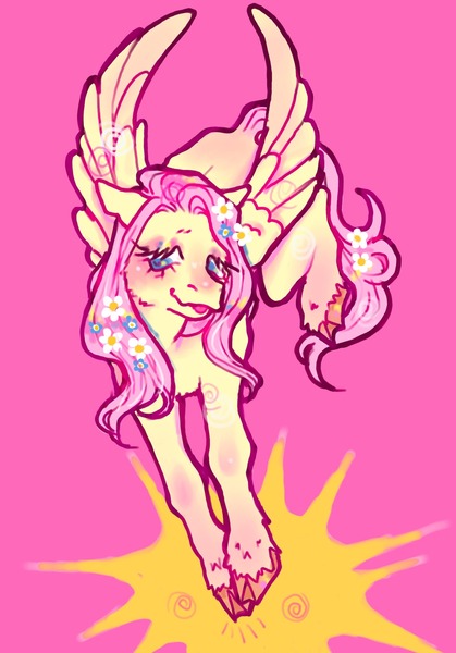 Size: 1430x2048 | Tagged: safe, artist:stellarphileistic, derpibooru import, fluttershy, pegasus, pony, blushing, colored hooves, female, flower, flower in hair, flower in tail, g4, image, jpeg, mare, pink background, simple background, solo, spread wings, tail, tongue out, unshorn fetlocks, wings