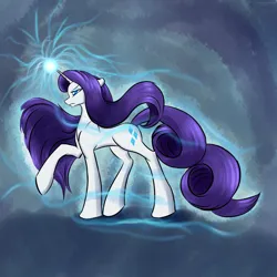 Size: 2500x2500 | Tagged: safe, alternate version, artist:renarde-louve, derpibooru import, rarity, pony, unicorn, female, glow, glowing horn, horn, image, long mane, long tail, png, raised hoof, solo, tail